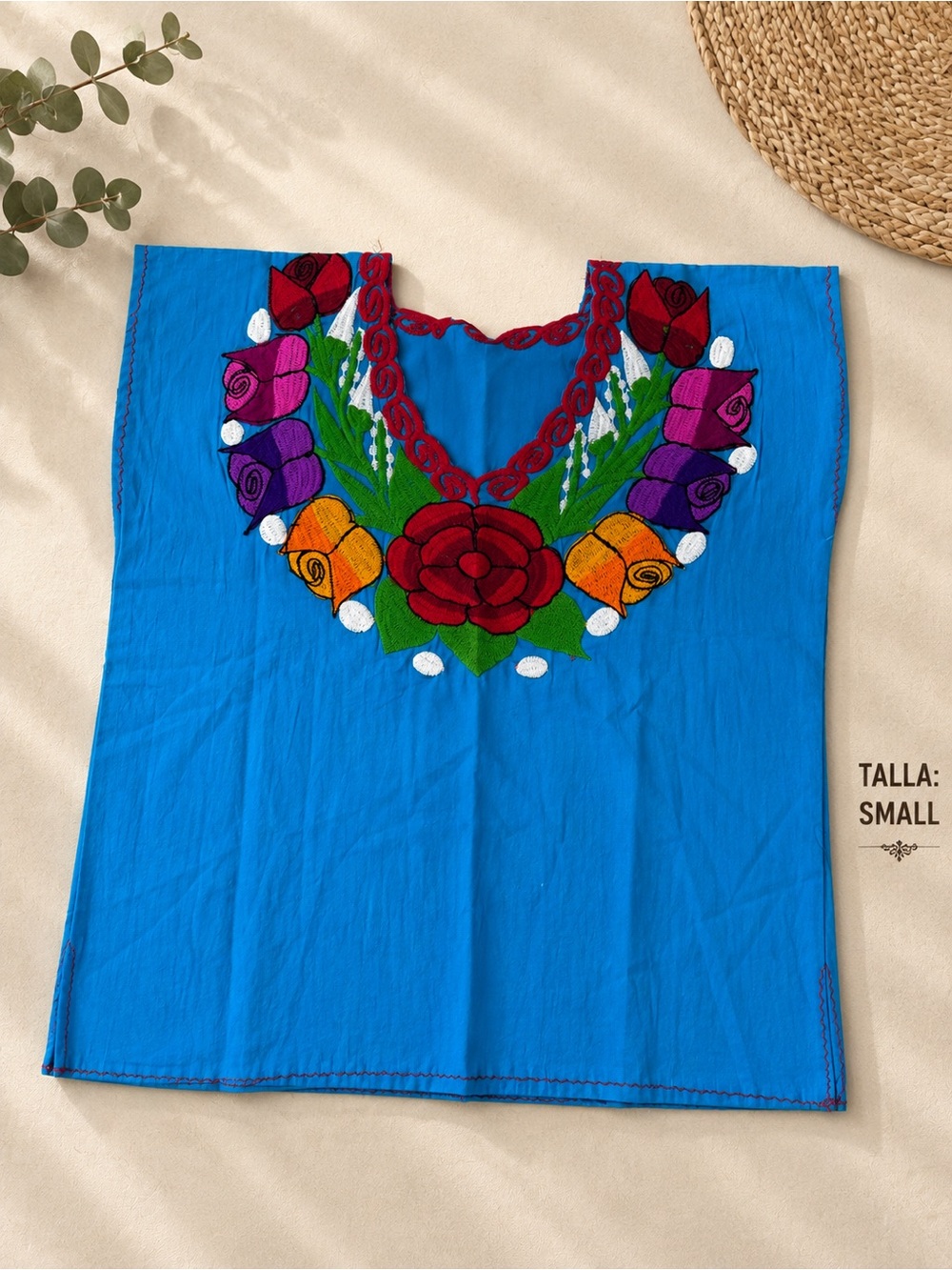 MEXICANA Blue Embroidered Floral Tunic Top